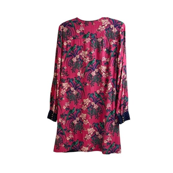 Anthropologie Women's Maeve Bird Print Polka Dot Trim Dress Pink Navy Size 4 - Picture 4 of 10